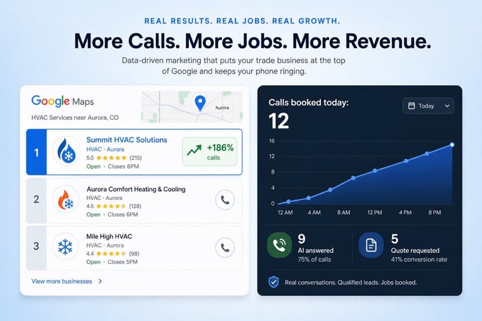 Dashboard showing Google Maps local pack ranking and calls booked for a GTA trades business