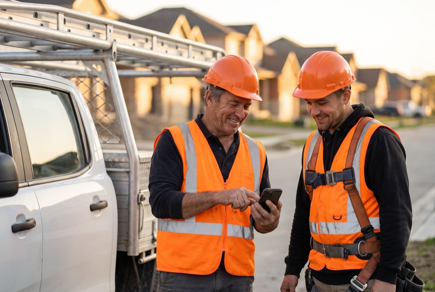 Two GTA trades contractors reviewing new leads on a smartphone beside their work truck